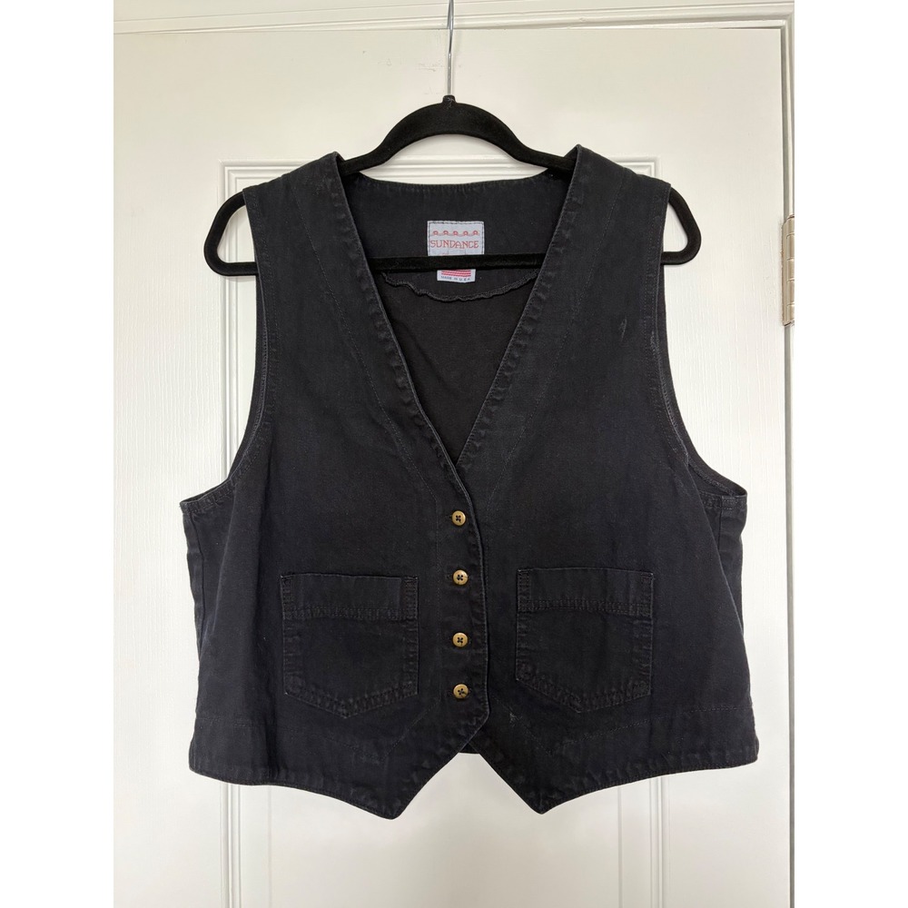 Sundance Vintage Black Cotton Denim Vest Button Front Made in USA Large
